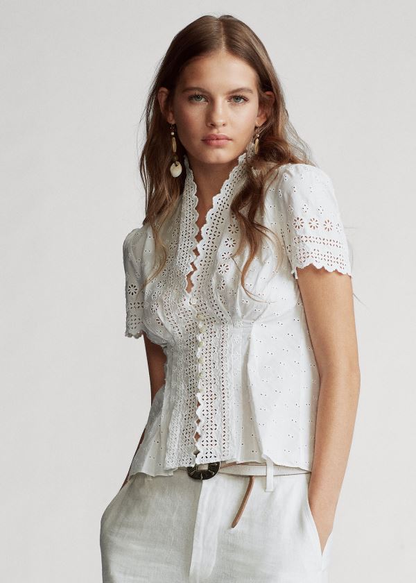 Women's Polo Ralph Lauren Cotton Eyelet Peplum Blouses | 685917LCU